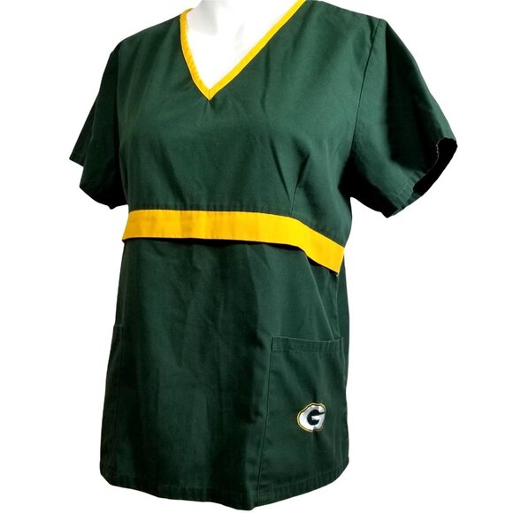 Green Bay Packers Shirt Womens Medium Green Yellow NFL Football Scrub Top Team - Picture 1 of 8